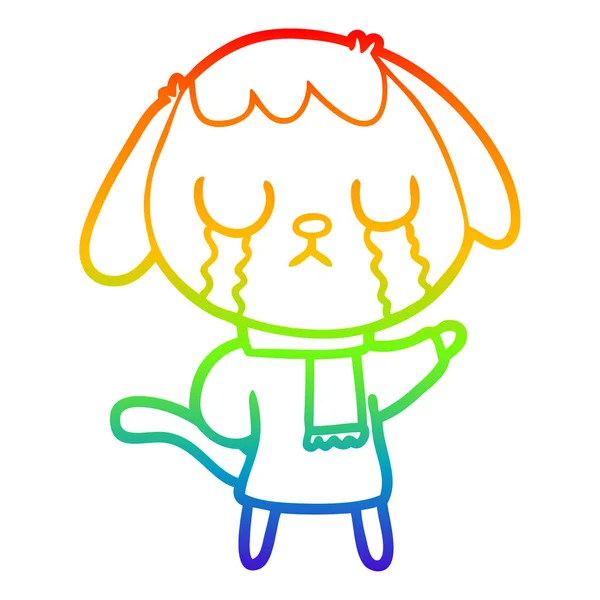 Rainbow gradient line drawing cute cartoon dog crying — Stock Vector