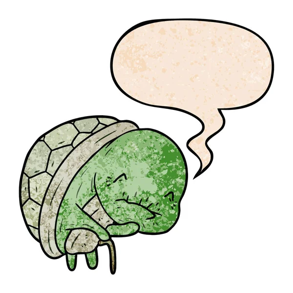 Sevimli karikatür eski kaplumbağa ve yürüyüş sopa ve konuşma balonu r — Stok Vektör