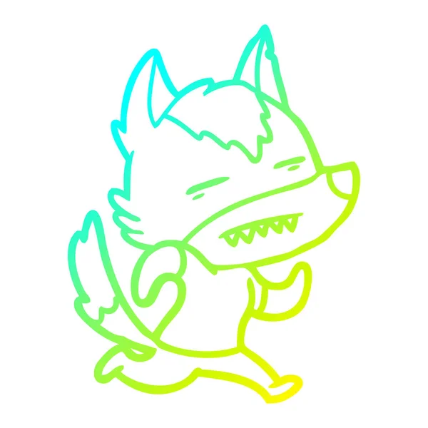 Línea de gradiente frío dibujo dibujos animados lobo mostrando los dientes — Vector de stock