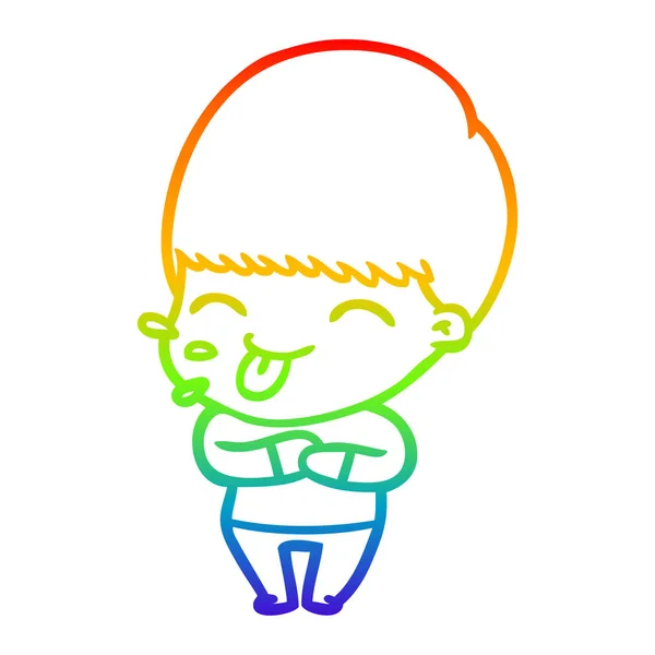 Rainbow gradient line drawing cartoon boy sticking out tongue — Stock Vector