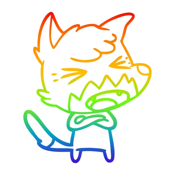 Rainbow gradient ligne dessin en colère dessin animé renard — Image vectorielle