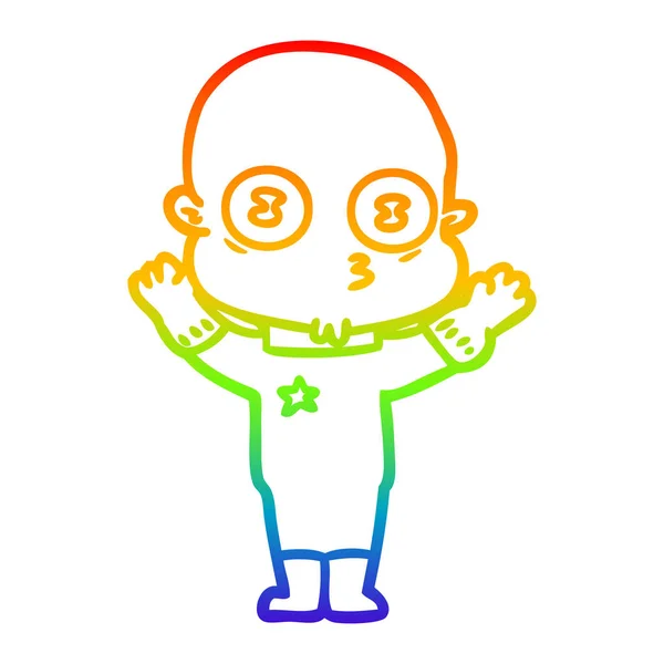 Rainbow gradient line drawing cartoon weird bald spaceman — Stock Vector