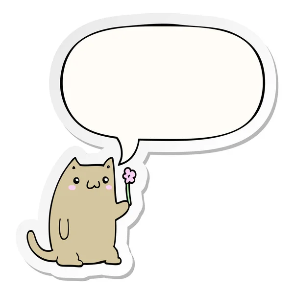 Schattig cartoon kat en bloem en toespraak bubble sticker — Stockvector