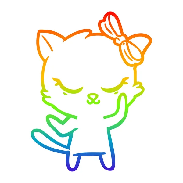 Rainbow gradient ligne dessin mignon chat dessin animé avec arc — Image vectorielle