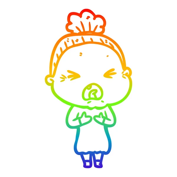 Rainbow gradient ligne dessin dessin animé colère vieille femme — Image vectorielle
