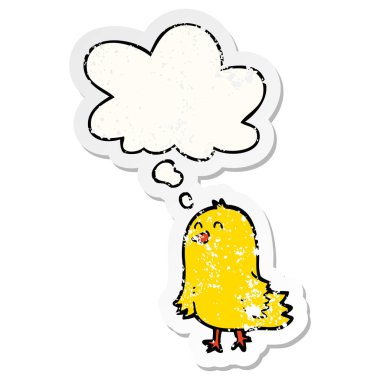 sıkıntılı bir yıpranmış etiket olarak karikatür kuş ve düşünce balonu