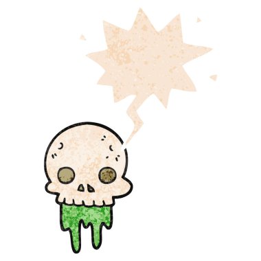 retro textur karikatür ürkütücü halloween kafatası ve konuşma balonu