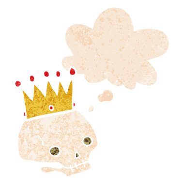 retro dokulu st taç ve düşünce balonu ile karikatür kafatası