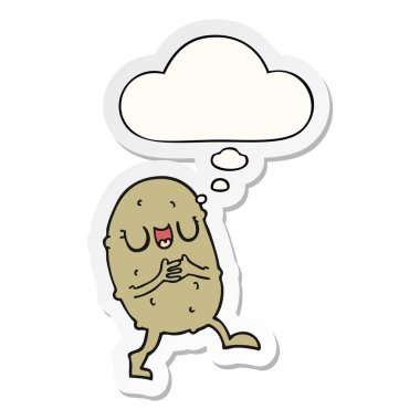 karikatür mutlu patates ve basılı bir etiket olarak kabarcık düşünce