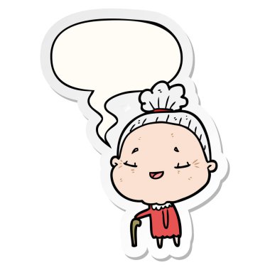 karikatür yaşlı kadın ve baston ve konuşma kabarcık etiket