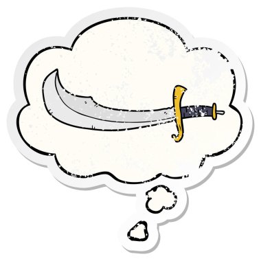 karikatür scimitar ve sıkıntılı yıpranmış etiket olarak kabarcık düşünce