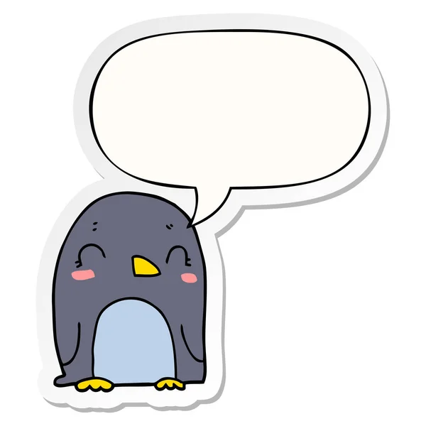 Pingüino de dibujos animados y pegatina de la burbuja del habla — Vector de stock