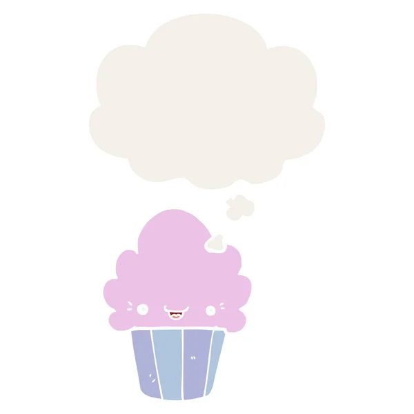 Cartoon cupcake with face and thought bubble in retro style — Stock Vector
