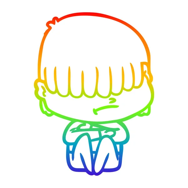 Rainbow gradient line drawing cartoon boy with untidy hair — Stock Vector