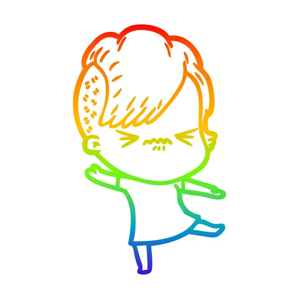 Arco-íris linha gradiente desenho desenho animado irritado hipster menina — Vetor de Stock