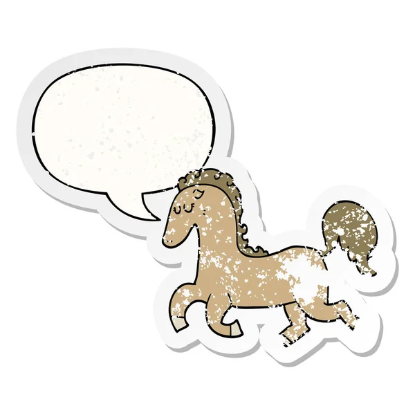 Cartoon horse running and speech bubble distressed sticker — Stock Vector