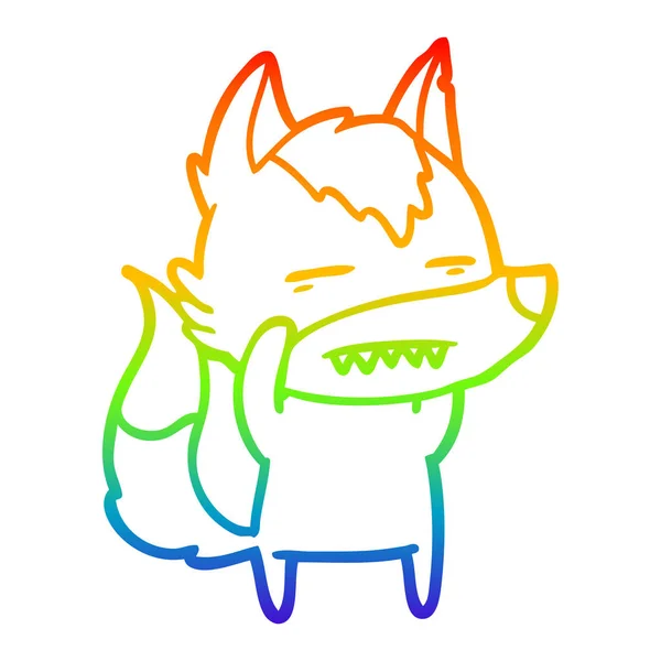 Rainbow Gradient Line Zeichnung Cartoon Wolf zeigt Zähne — Stockvektor