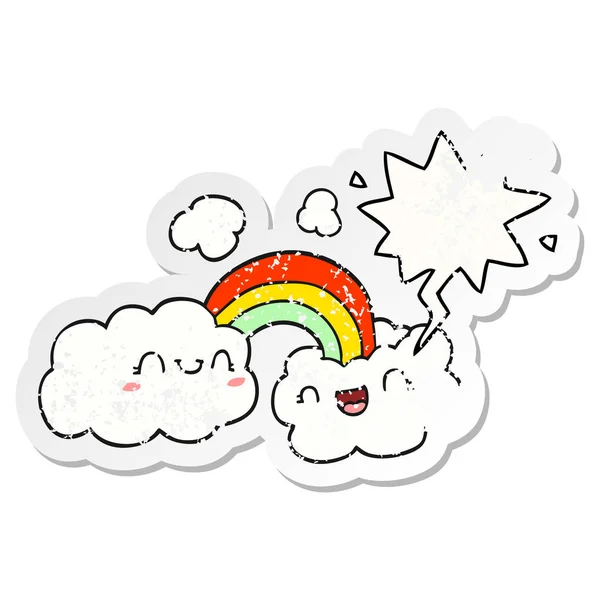 Happy cartoon clouds and rainbow and speech bubble distressed st — Stock Vector