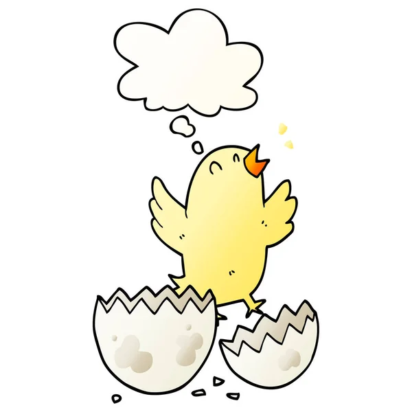 Zeichentrickvogel schlüpft aus Ei und Gedankenblase in glattem Grade — Stockvektor