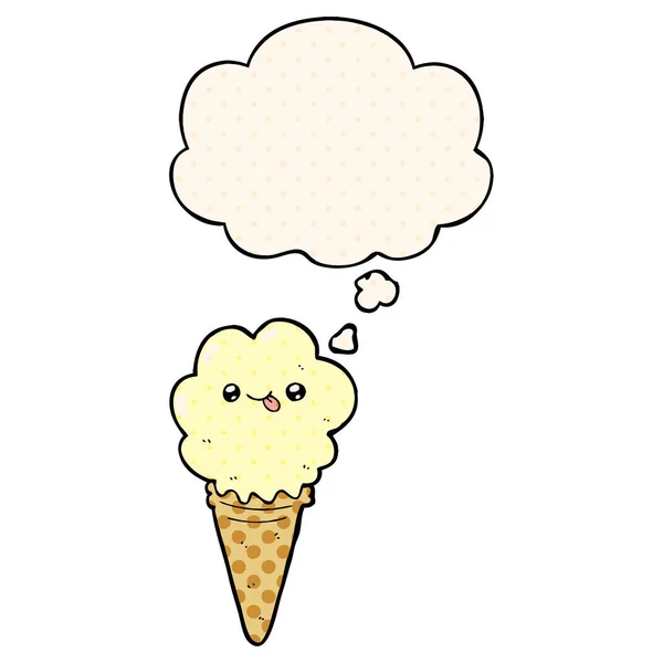Crème glacée de dessin animé et bulle de pensée dans le style de bande dessinée — Image vectorielle