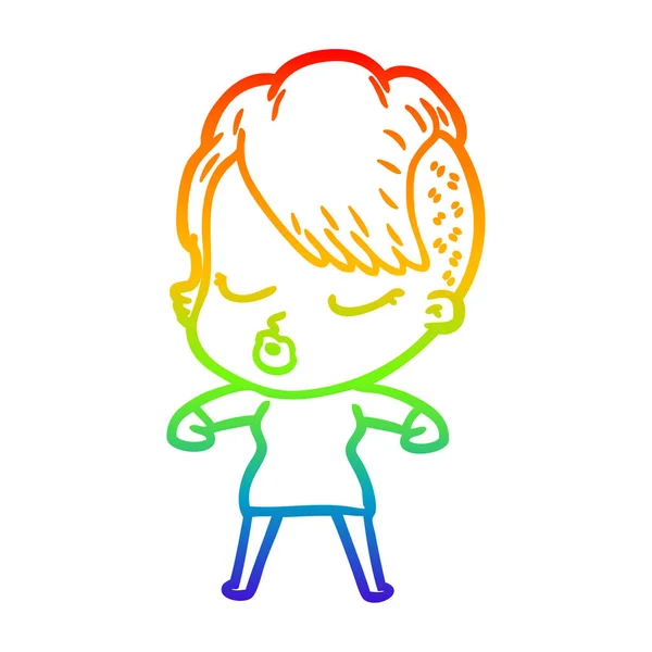 彩虹渐变线绘制卡通漂亮的嬉皮士女孩 — 图库矢量图片