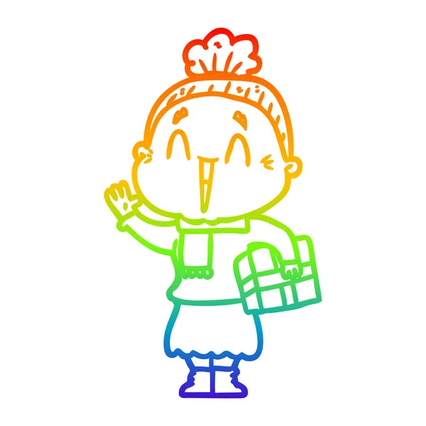 Regenboog gradiënt lijntekening cartoon gelukkig oude dame — Stockvector