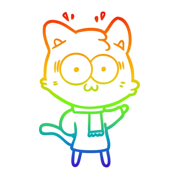 Linea gradiente arcobaleno disegno cartone animato sorpreso gatto indossa la pioggia — Vettoriale Stock