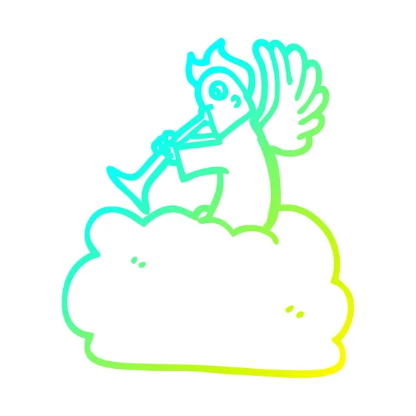 Línea de gradiente frío dibujo ángel de dibujos animados en la nube con trompeta — Vector de stock