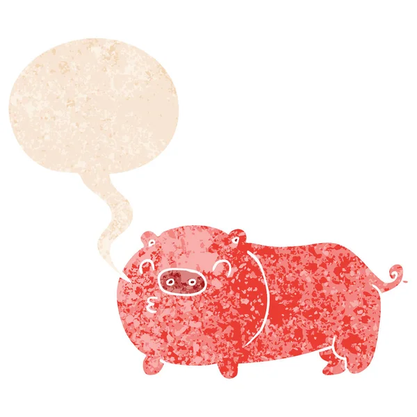 Cartoon pig and speech bubble in retro textured style — Stock Vector