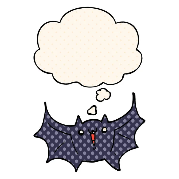 Cartone animato pipistrello vampiro felice e bolla pensiero in stile fumetto — Vettoriale Stock