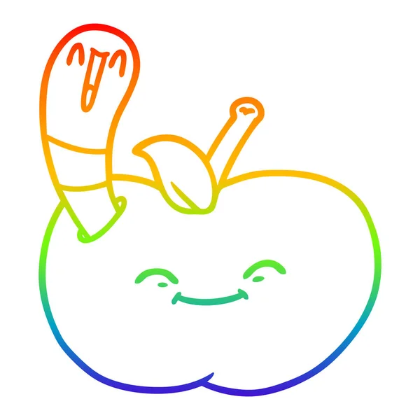 Rainbow gradient ligne dessin animé heureux ver dans une pomme — Image vectorielle