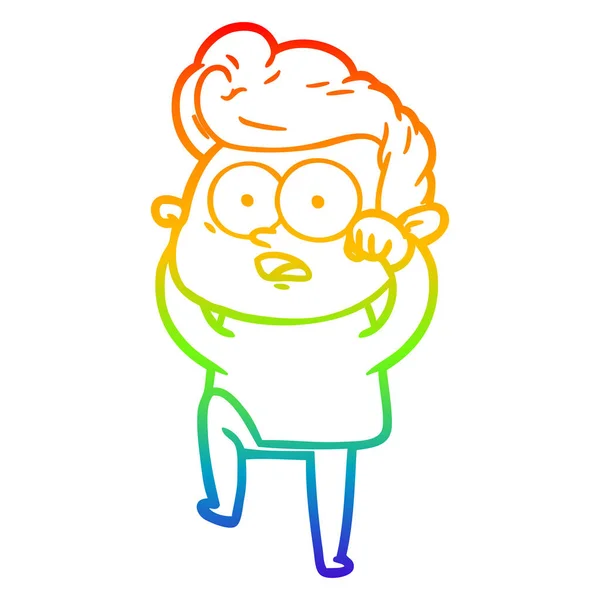 虹のグラデーションライン描画漫画を見つめる男 — ストックベクタ