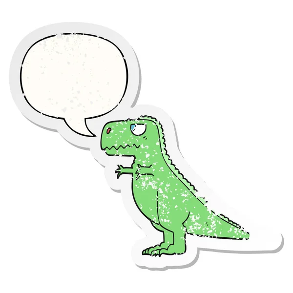 Dinosaurio de dibujos animados y el habla burbuja angustiado etiqueta engomada — Vector de stock