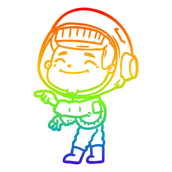 Regenbogen-Gradientenlinie zeichnet glücklichen Cartoon-Astronauten — Stockvektor