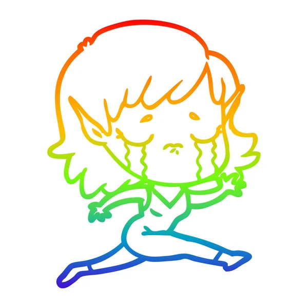 Arco iris gradiente línea dibujo llorando dibujos animados elfo chica — Vector de stock