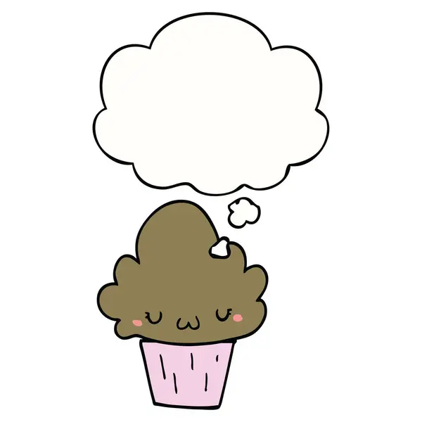 Cartoon cupcake met gezicht en gedachte Bubble — Stockvector