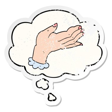 bir sıkıntılı yıpranmış etiket olarak karikatür el ve düşünce balonu