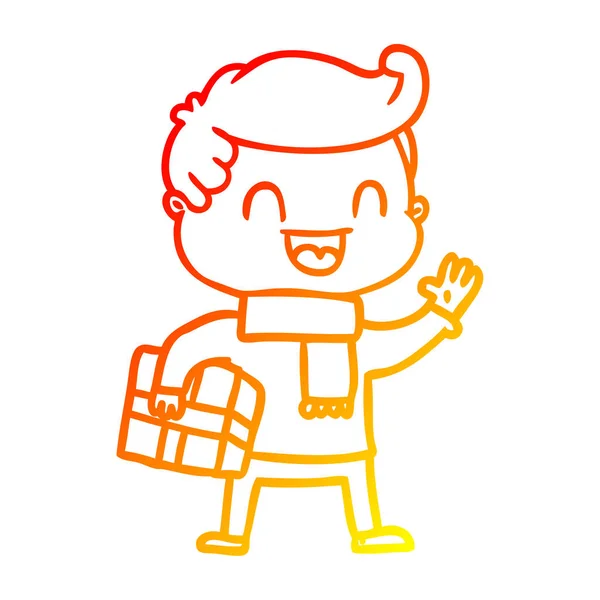 Warme kleurovergang lijntekening cartoon lachende man Holding gift — Stockvector
