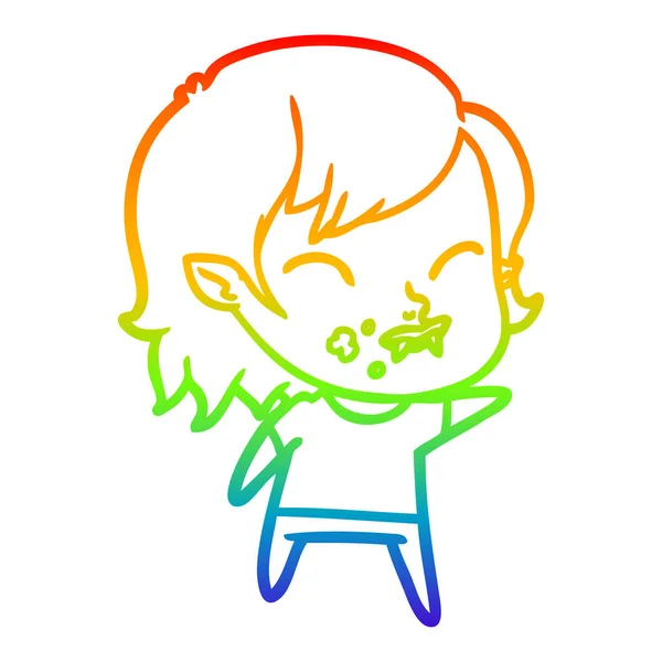 Rainbow gradient line drawing cartoon vampire girl with blood on — Stock Vector