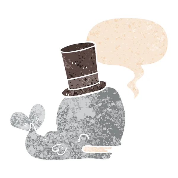 Baleine de dessin animé portant un chapeau haut de forme et une bulle d'expression dans une texture rétro — Image vectorielle