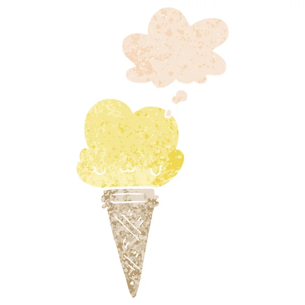 Crème glacée dessin animé avec visage et bulle de pensée en texturé rétro — Image vectorielle