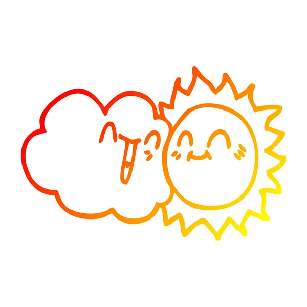 Warm gradient line drawing cartoon happy sun and cloud — Stock Vector