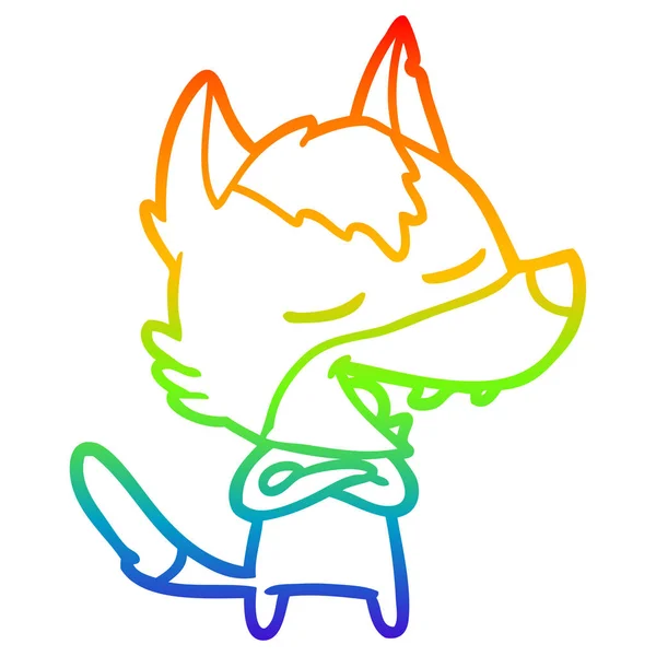 Arco iris gradiente línea dibujo dibujos animados lobo riendo — Vector de stock