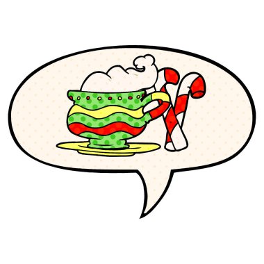 com karikatür noel kakao ve şeker kamışı ve konuşma balonu