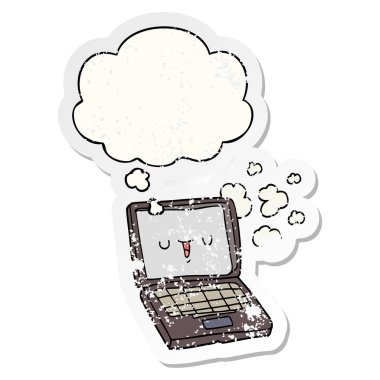 bir sıkıntılı yıpranmış etiket olarak karikatür bilgisayar ve düşünce balonu