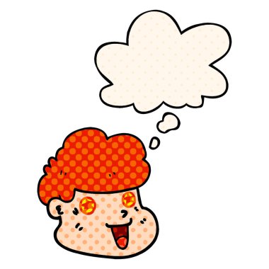 çizgi film çocuğunun yüzü ve çizgi roman tarzında düşünce balonu