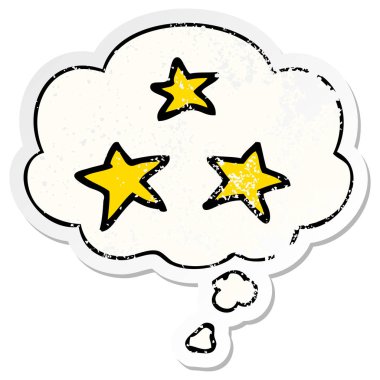 karikatür yıldız ve sıkıntılı yıpranmış etiket olarak kabarcık düşünce