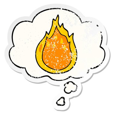 bir sıkıntılı yıpranmış etiket olarak karikatür yangın ve düşünce balonu