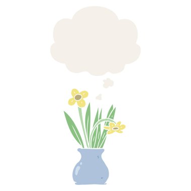 saksıda karikatür çiçek ve retro tarzında düşünce balonu