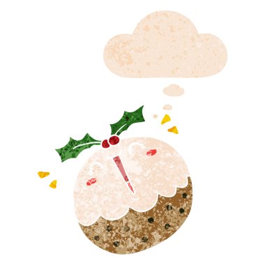 retro textu sevimli karikatür noel puding ve düşünce balonu